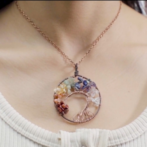 Tree of Life, Pendant Necklace w/ Natural Gemstones and Two Lava Stones - Picture 4 of 4
